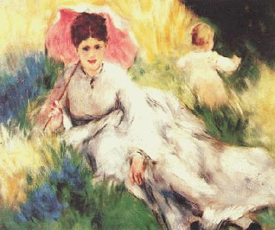 Pierre Renoir Woman with a Parasol and a Small Child on a Sunlit Hillside